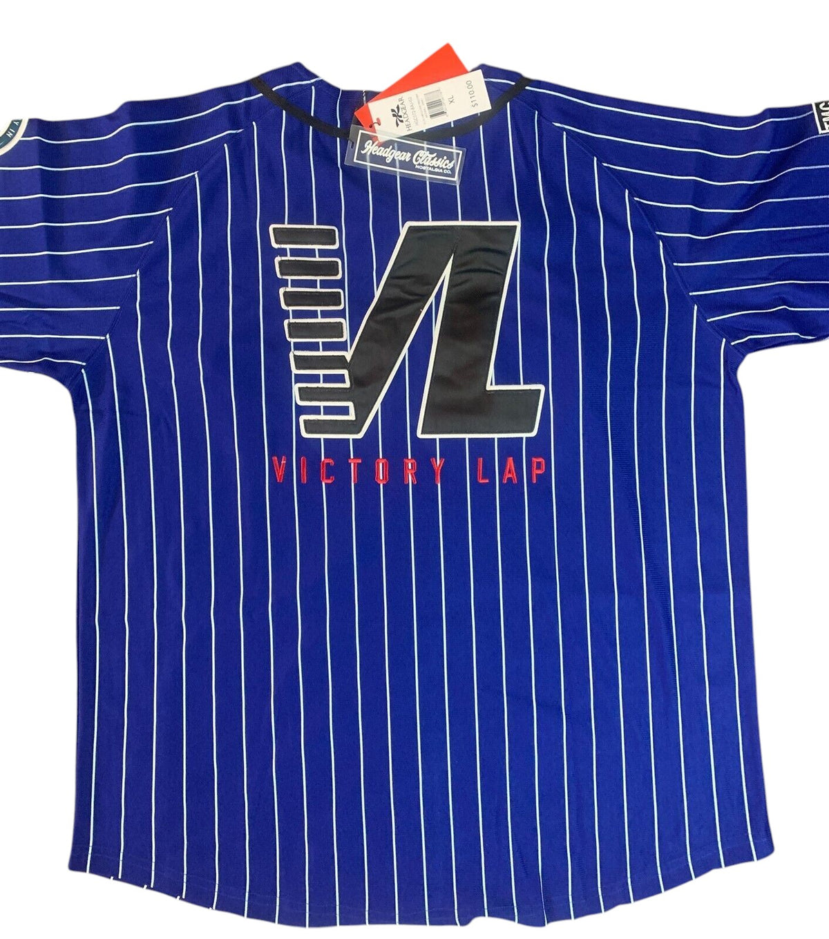 Throwback Rack Headgear Classics royal blue pinstripe baseball jersey with Victory Lap embroidery and black trim.