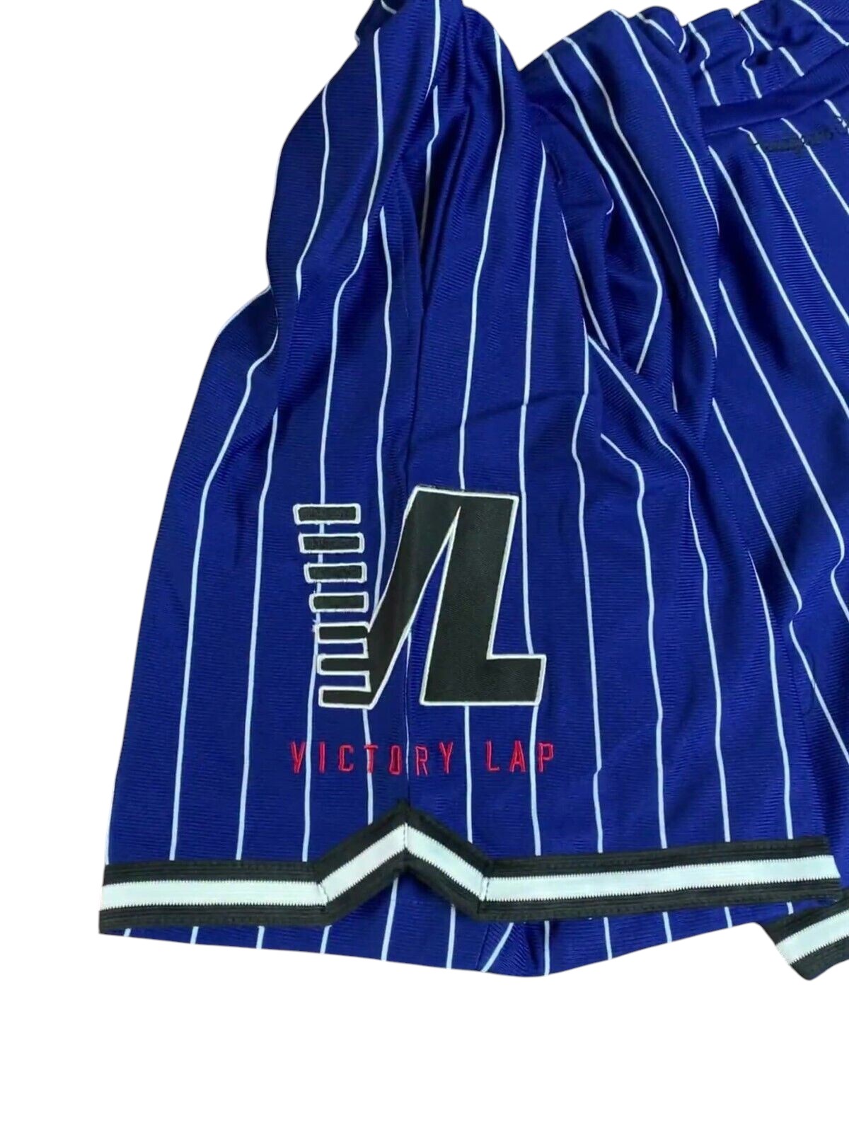 Throwback Rack royal blue pinstripe athletic mesh basketball shorts with VL logo and contrasting hem trim
