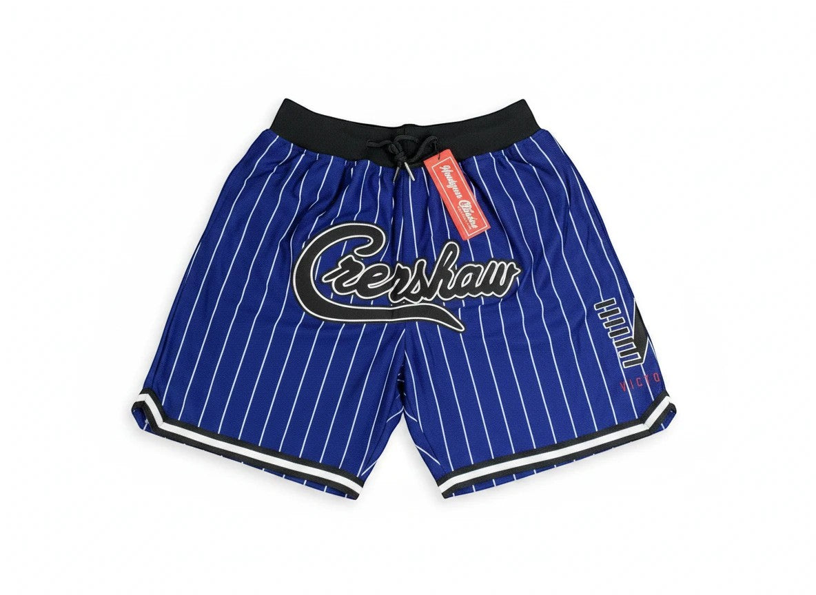 Throwback Rack royal blue pinstripe basketball shorts with Crenshaw script embroidery and black elastic waistband.