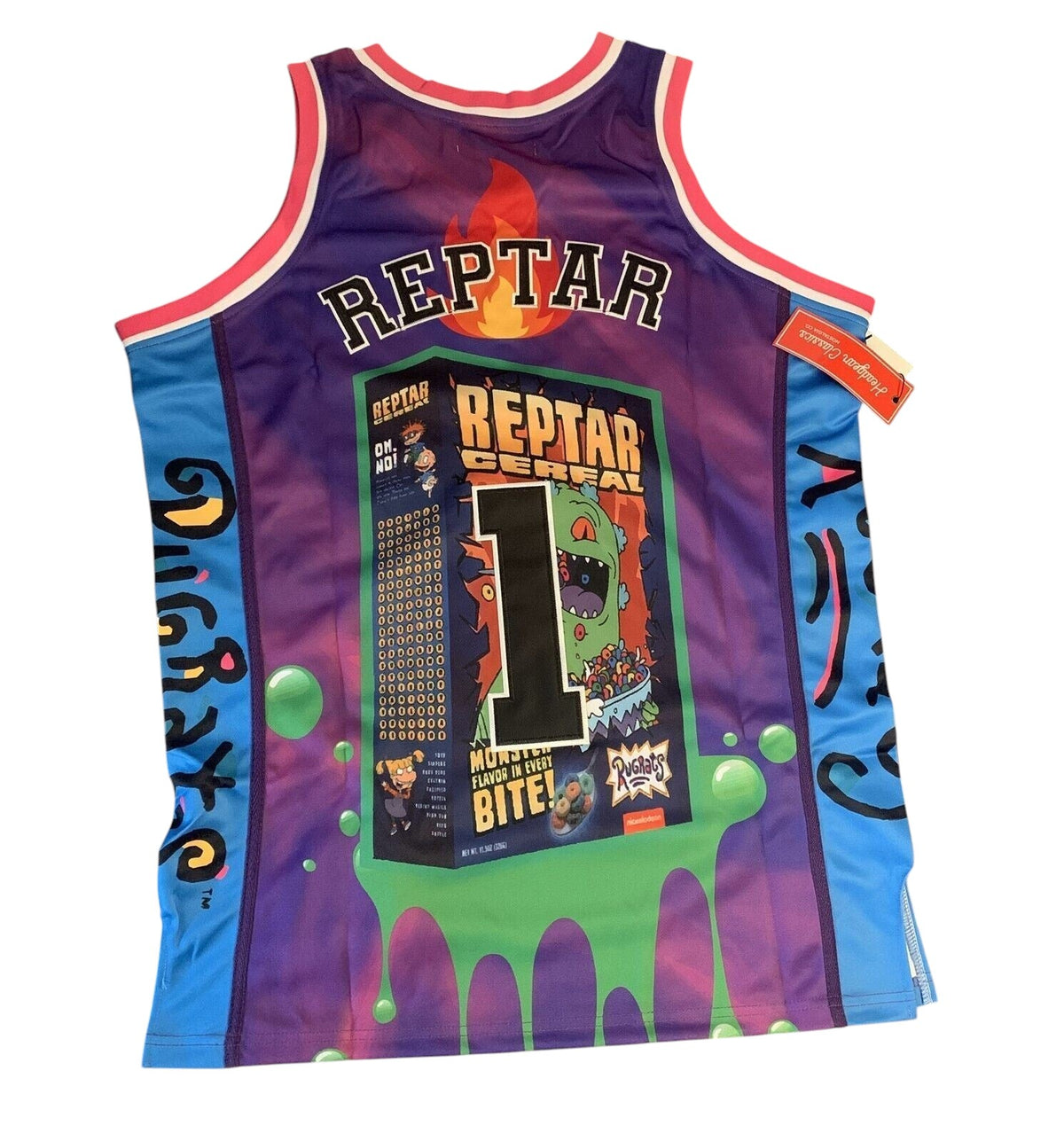 Throwback Rack Rugrats Reptar Cereal basketball jersey in purple, blue, and green mesh with number 1 graphic.
