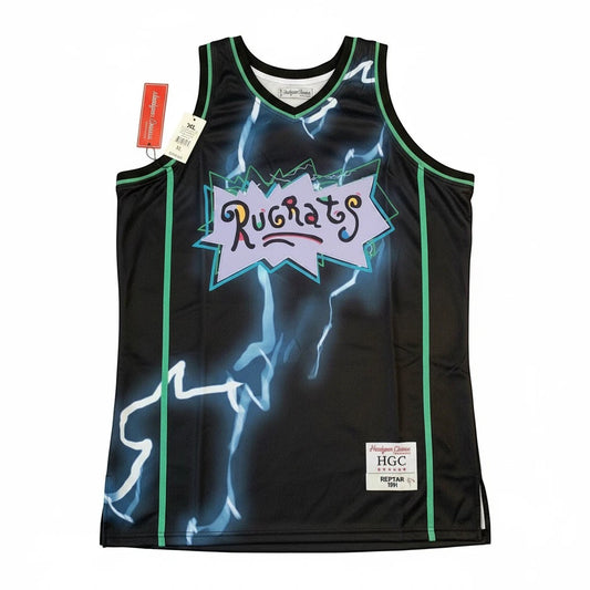 Throwback Rack Rugrats Reptar basketball jersey in black and blue with lightning graphic and embroidered details.
