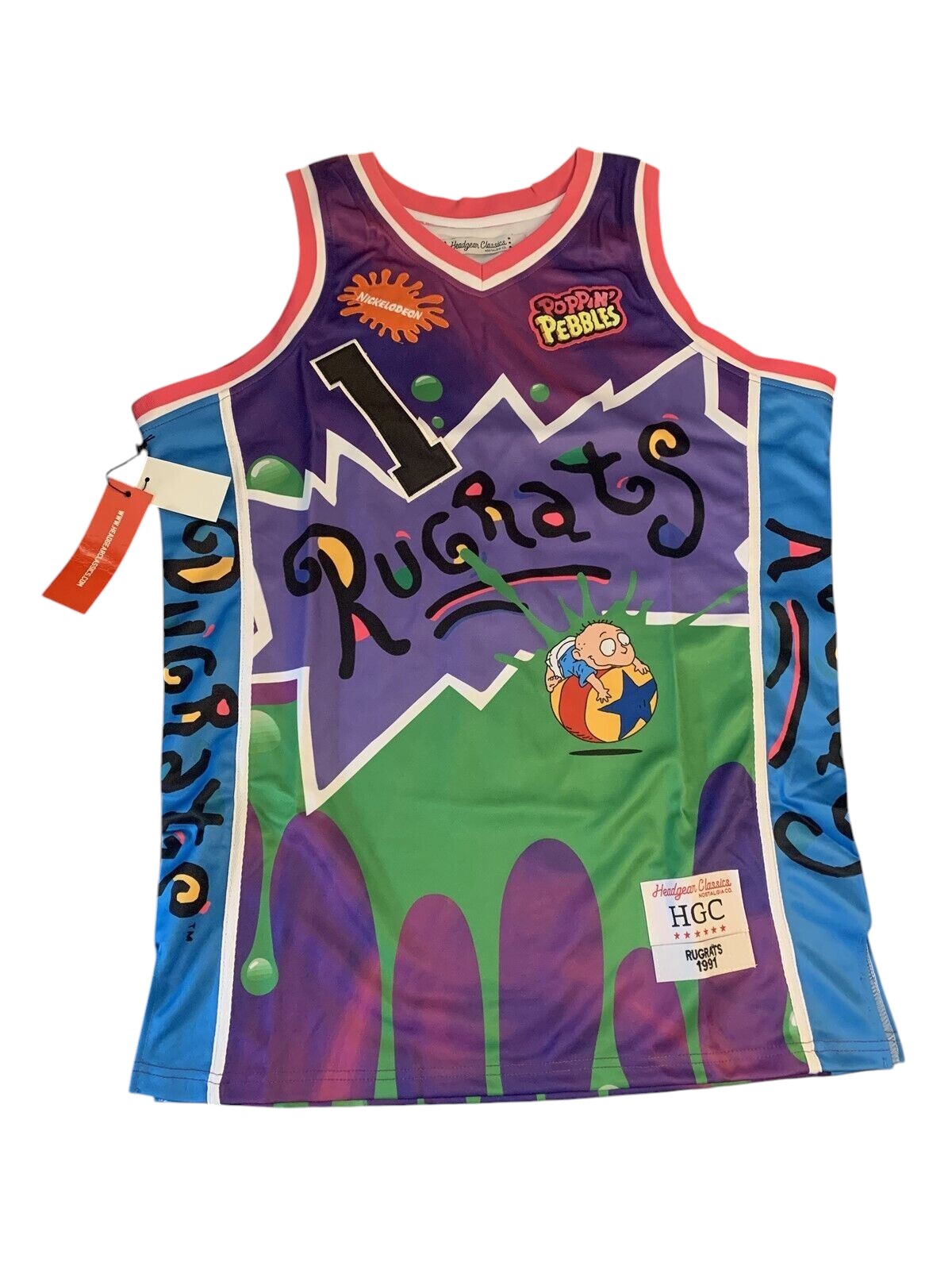 Throwback Rack Rugrats Reptar Cereal basketball jersey in purple, green, and blue with graphic print and stitched logo