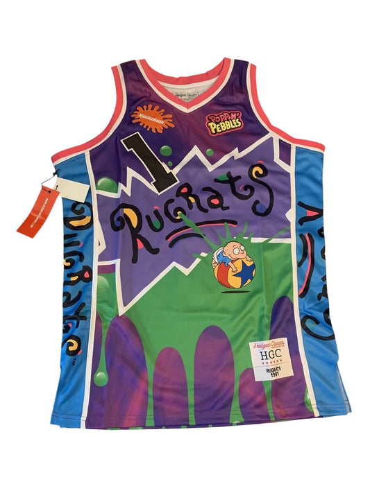 Throwback Rack Rugrats Reptar Cereal basketball jersey in purple, green, and blue with graphic print and stitched logo