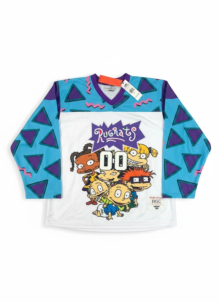 Throwback Rack Rugrats Reptar hockey jersey with V-neck, white front, and blue sleeves with purple triangles. Features Rugrats characters and "00" on front.