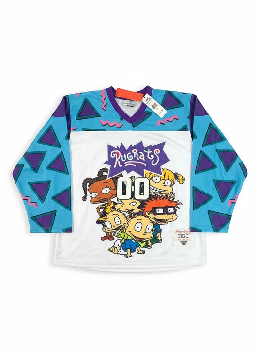 Throwback Rack Rugrats Reptar hockey jersey with V-neck, white front, and blue sleeves with purple triangles. Features Rugrats characters and "00" on front.