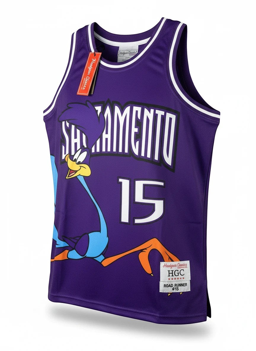 Throwback Rack purple basketball jersey with Road Runner graphic and "SACRAMENTO 15" on front, "ROAD RUNNER 15" on back.