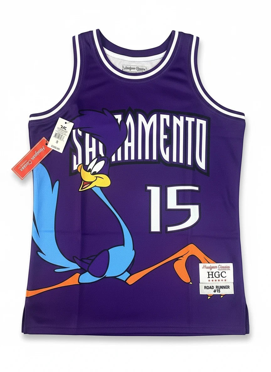 Throwback Rack purple Sacramento Kings Road Runner basketball jersey with number 15 on front and back.