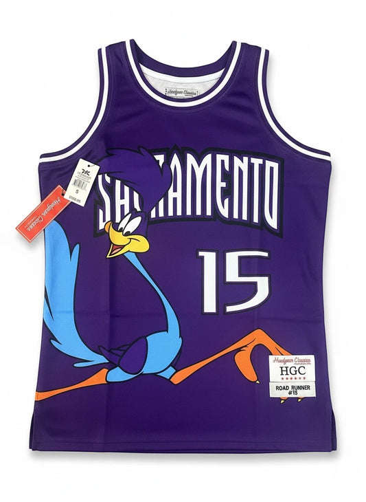 Throwback Rack purple Sacramento Kings Road Runner basketball jersey with number 15 on front and back.