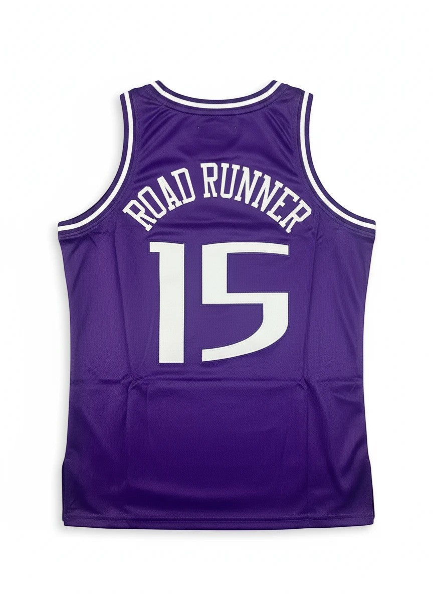 Throwback Rack purple Sacramento Kings Road Runner basketball jersey with number 15 on back.