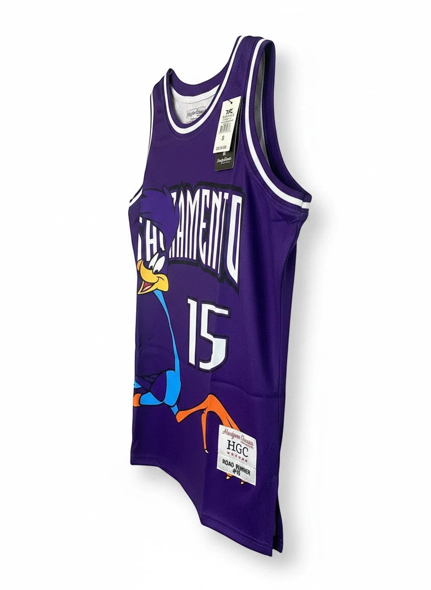 Throwback Rack purple Sacramento Kings Road Runner basketball jersey with number 15 and graphic of the character.