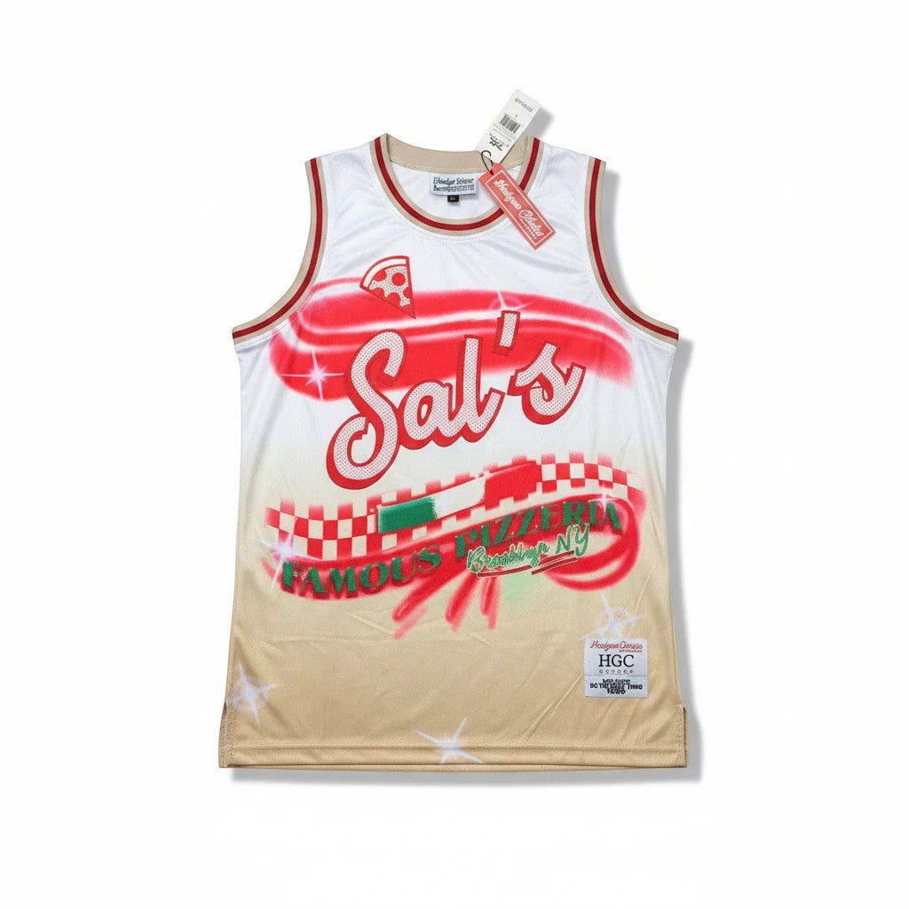 Throwback Rack Sal's Pizzeria basketball jersey in white and tan with airbrushed graphics and embroidered details.