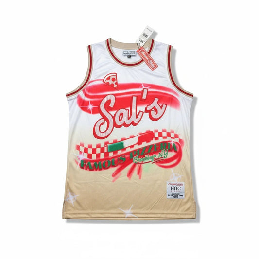 Throwback Rack Sal's Pizzeria basketball jersey in white and tan with airbrushed graphics and embroidered details.