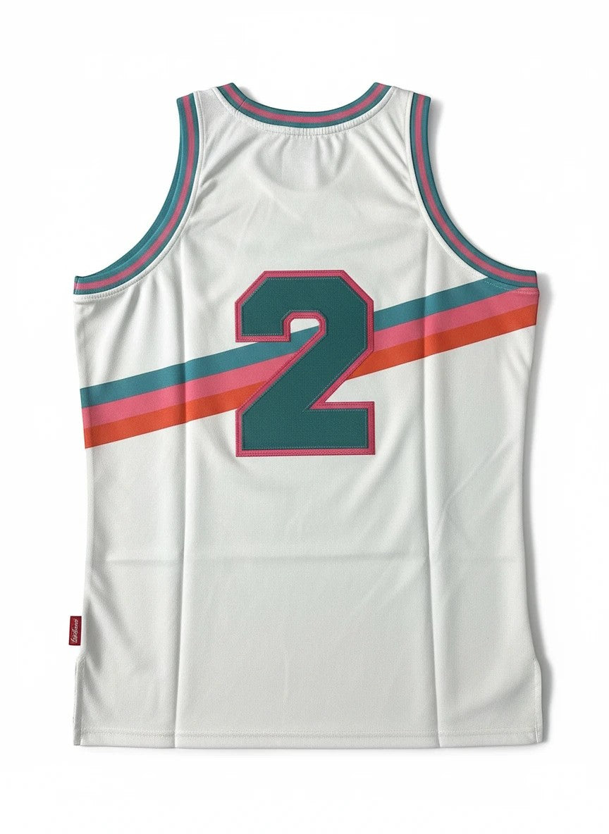 Throwback Rack San Antonio Spurs Wile E. Coyote basketball jersey with number 2 on back, white with teal, pink, and orange stripes.