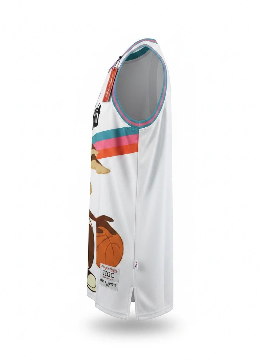 Throwback Rack San Antonio Spurs Wile E. Coyote basketball jersey, white with teal, pink, and orange stripes. Features Wile E. Coyote graphic and number 2.