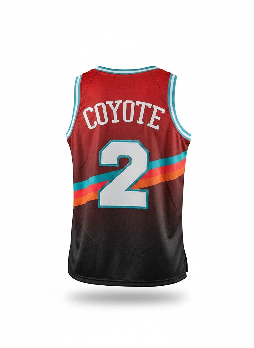 Throwback Rack San Antonio Wile Coyote basketball jersey with number 2 on the back, maroon fading to black with colorful stripes.