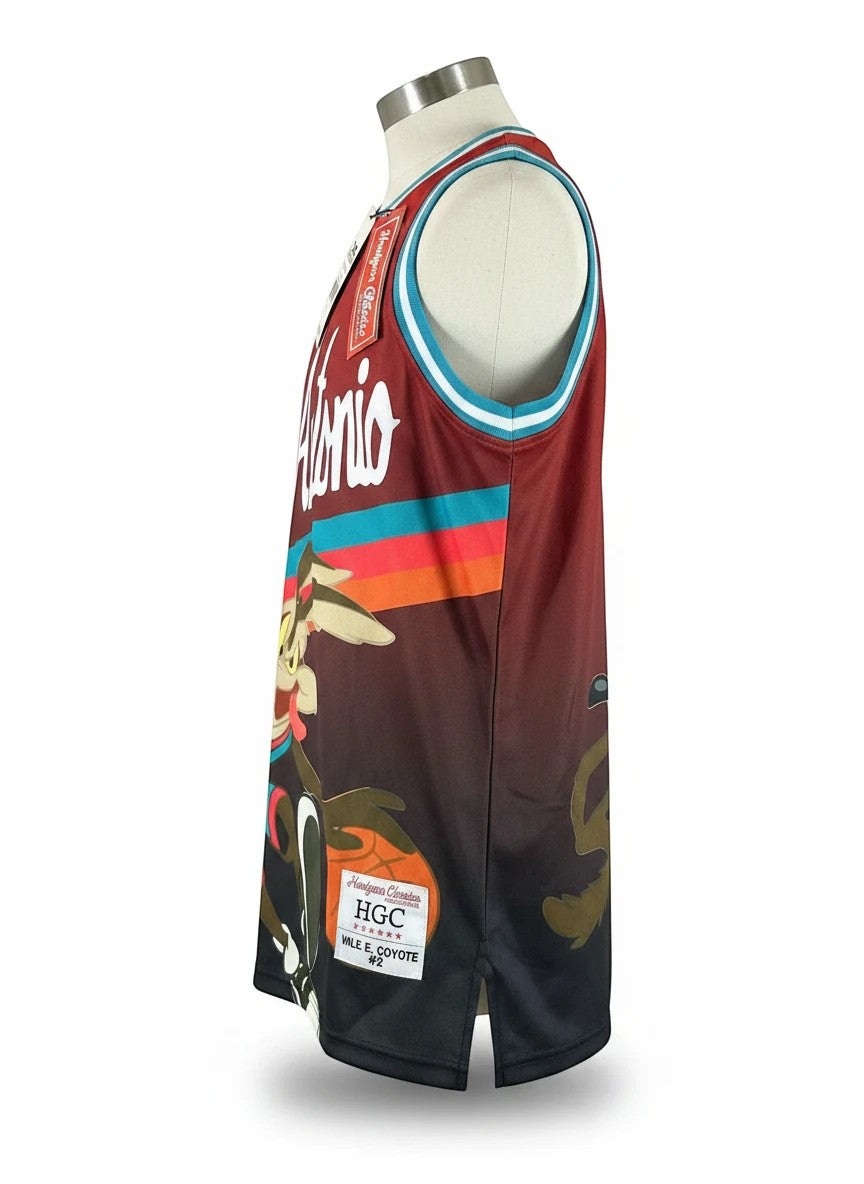Throwback Rack San Antonio Wile Coyote basketball jersey with maroon to black gradient and colorful stripes. Features Wile E. Coyote graphic.