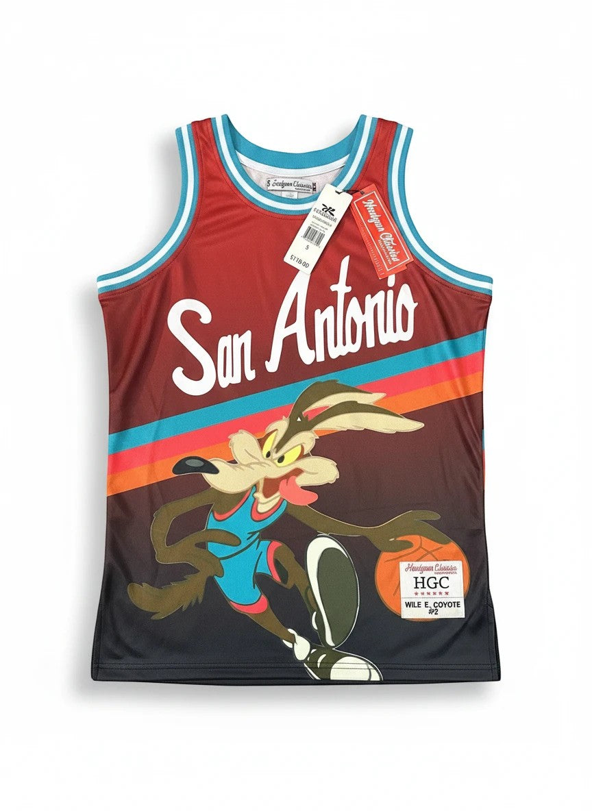 Throwback Rack San Antonio Wile Coyote basketball jersey with maroon fading to black, colorful stripes, and white lettering.