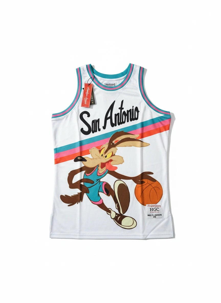 Throwback Rack San Antonio Spurs Wile E. Coyote basketball jersey with teal, pink, and orange stripes. White jersey.