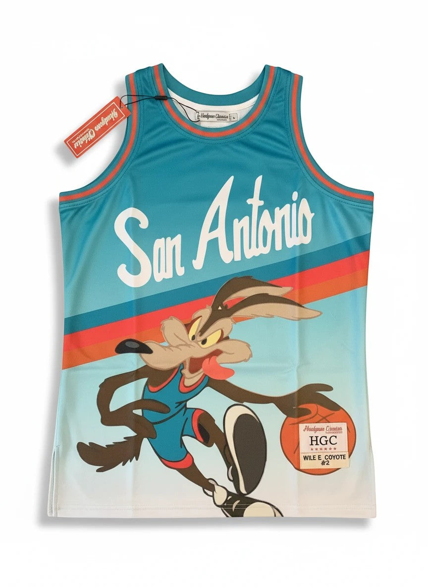 Throwback Rack teal San Antonio Wile E. Coyote basketball jersey featuring a Looney Tunes graphic on athletic mesh.