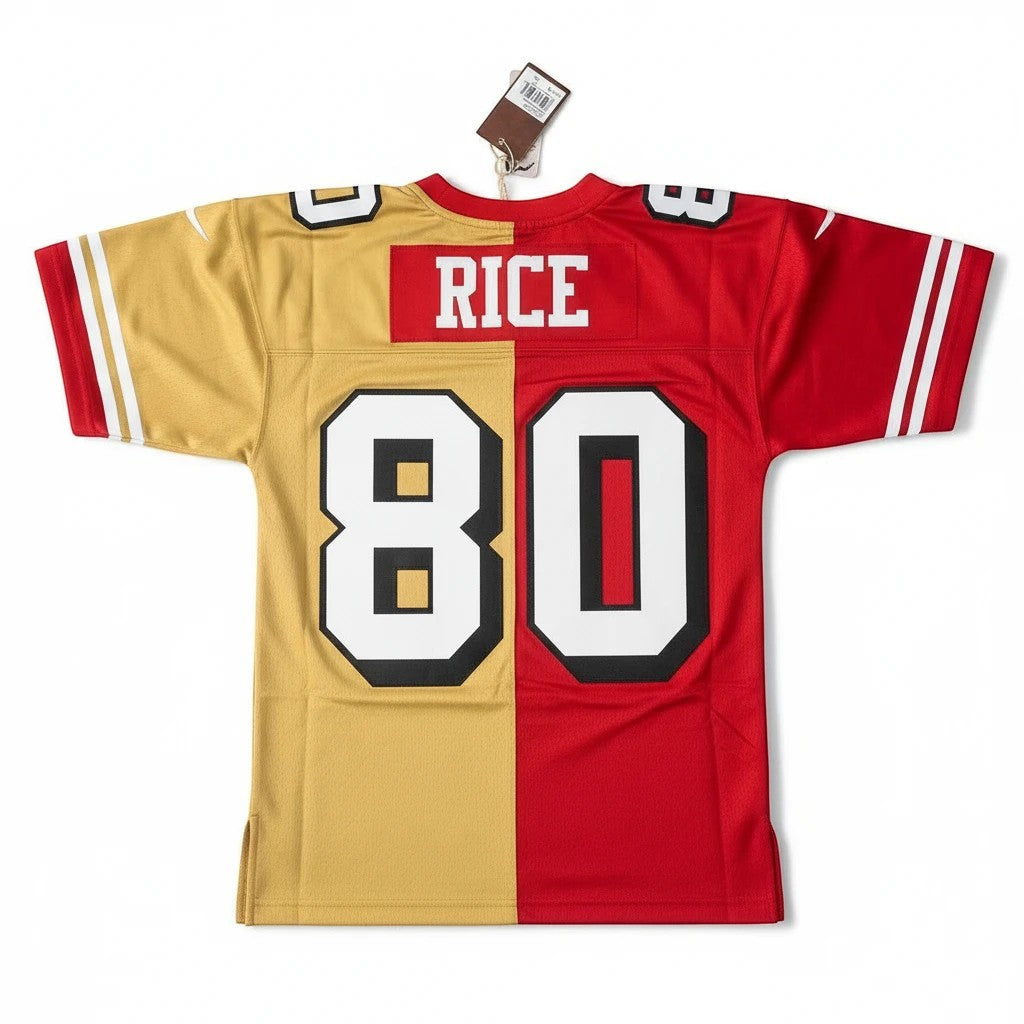 Throwback Rack Mitchell & Ness San Francisco 49ers Jerry Rice split red and gold mesh jersey with number 80