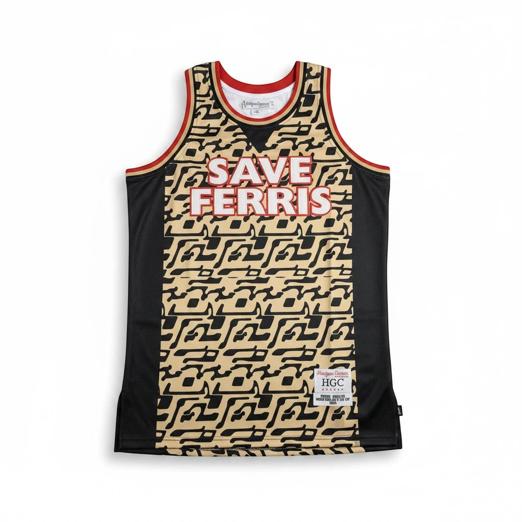 Throwback Rack Headgear Classics Save Ferris basketball jersey in black and tan with a repeating geometric pattern.