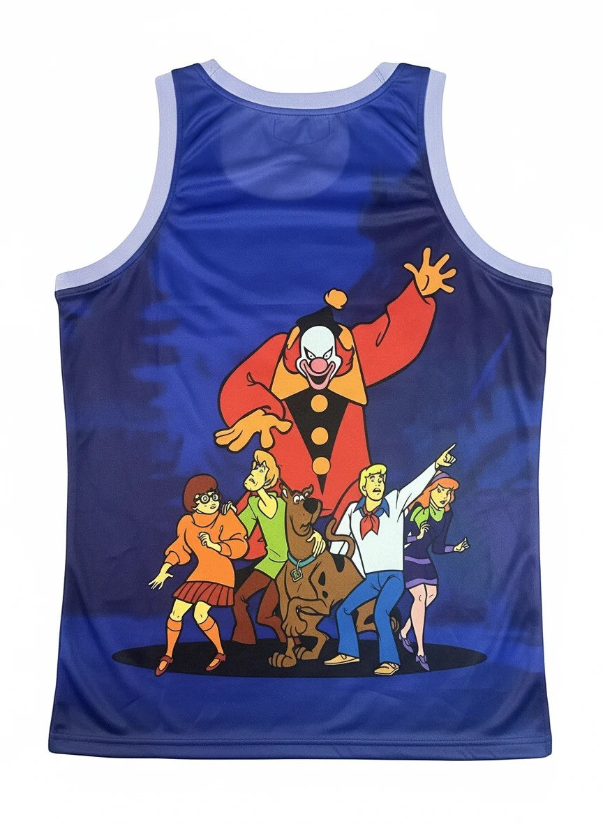 Throwback Rack Scooby-Doo Basketball Jersey with the gang and a clown on a blue tie-dye background.