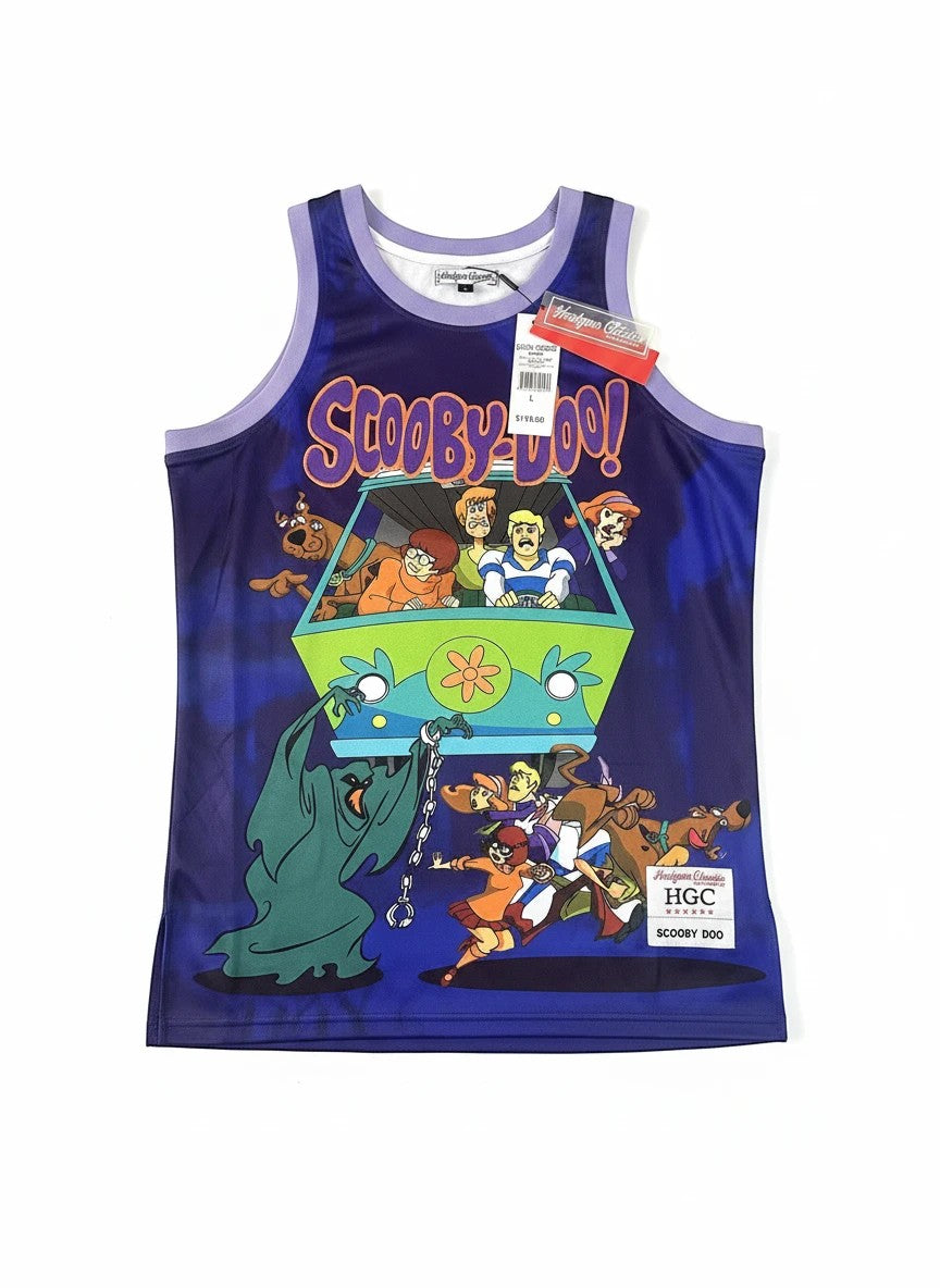 Throwback Rack Scooby-Doo basketball jersey with full-print graphic of the gang and Mystery Machine on purple tie-dye mesh.