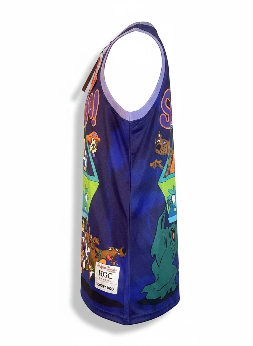 Throwback Rack Scooby-Doo basketball jersey with full-print graphic of the gang and Mystery Machine on purple tie-dye polyester mesh.