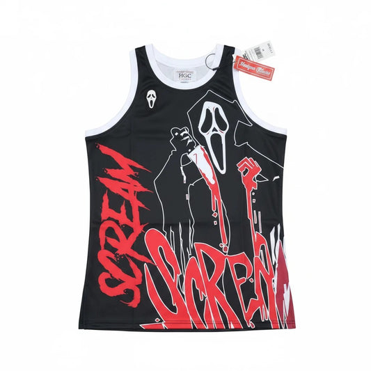 Throwback Rack SCREAM Headgear Classics basketball jersey in black with red and white horror movie graphic print