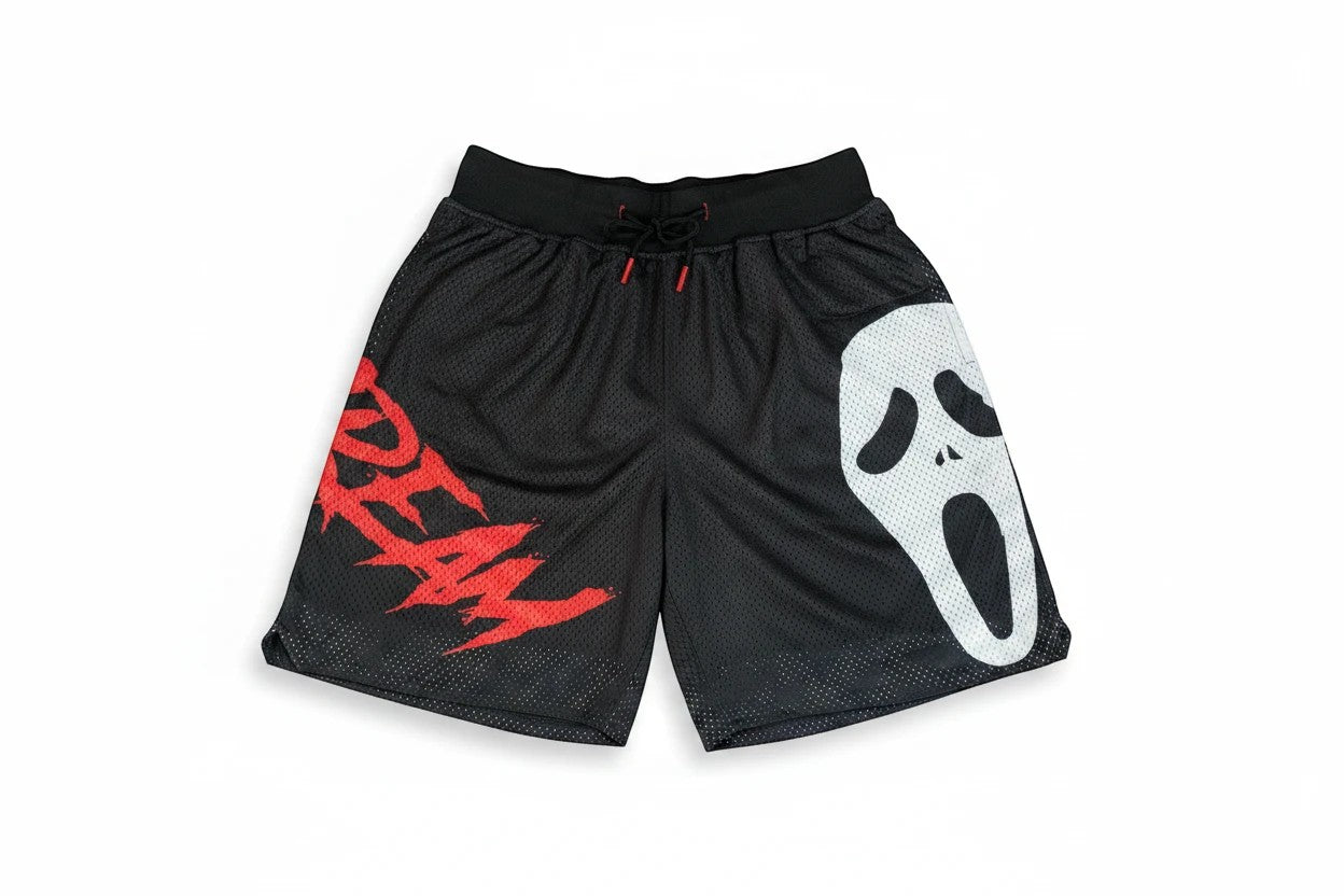 Throwback Rack black mesh basketball shorts with red "SCREAM" graphic and white Ghostface mask graphic. Size 3XL.