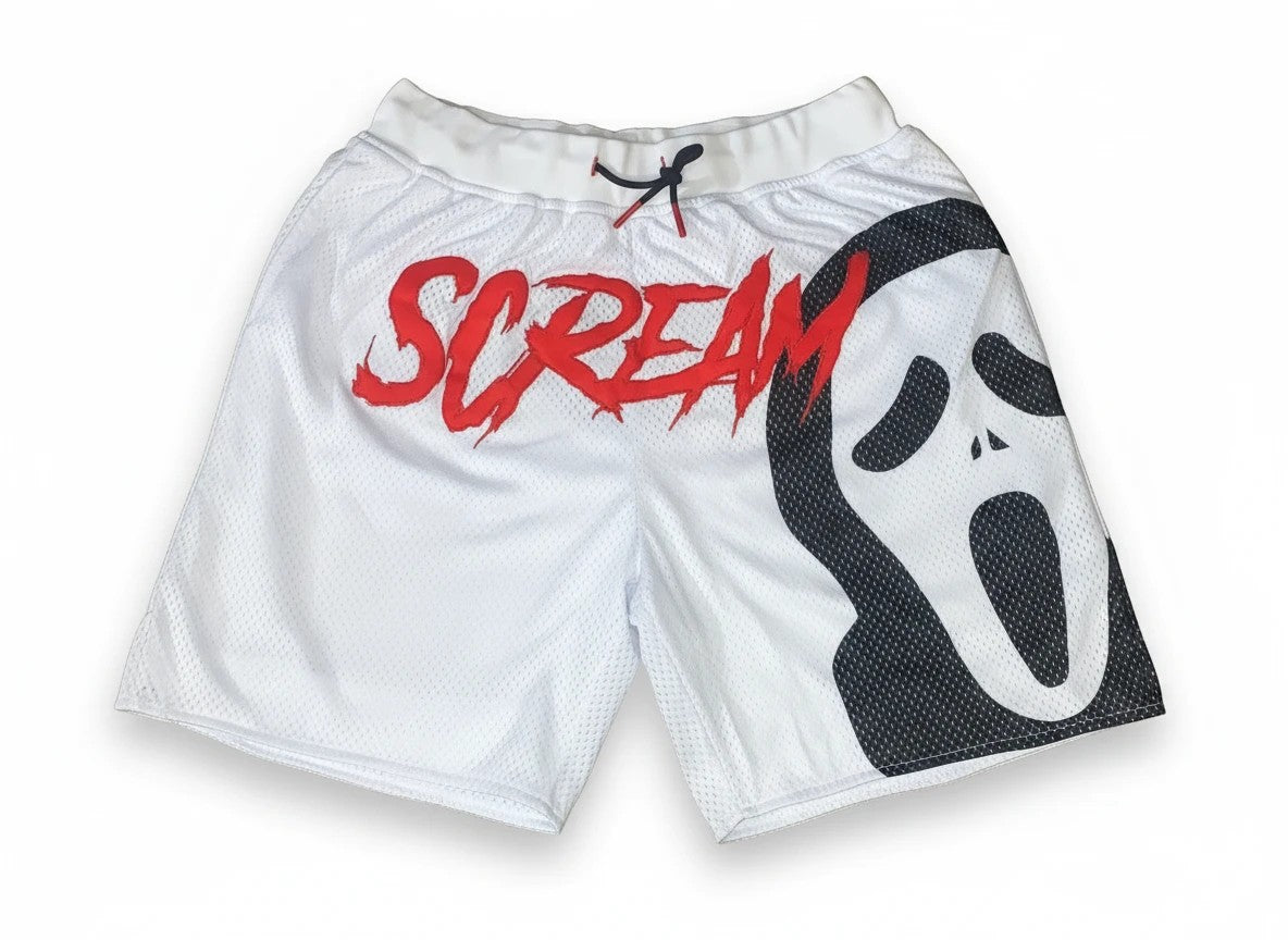 Throwback Rack white mesh basketball shorts featuring the Scream movie ghostface mask and red Scream logo.