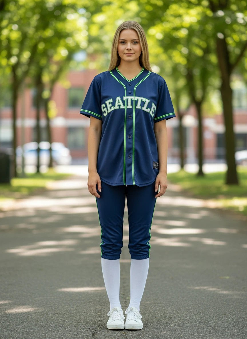 Throwback Rack navy blue Seattle baseball jersey with lime green trim and white lettering. Model wears matching pants and white socks.