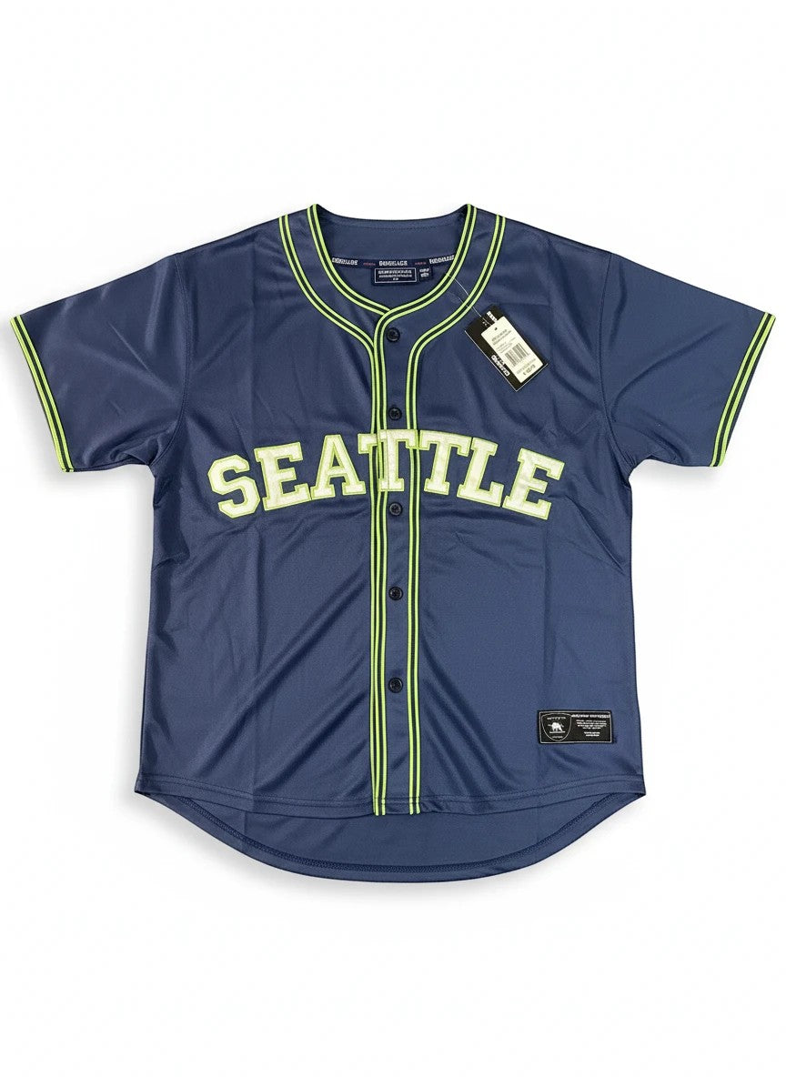 Throwback Rack navy blue baseball jersey with lime green trim and "SEATTLE" embroidered in white with lime green outline.