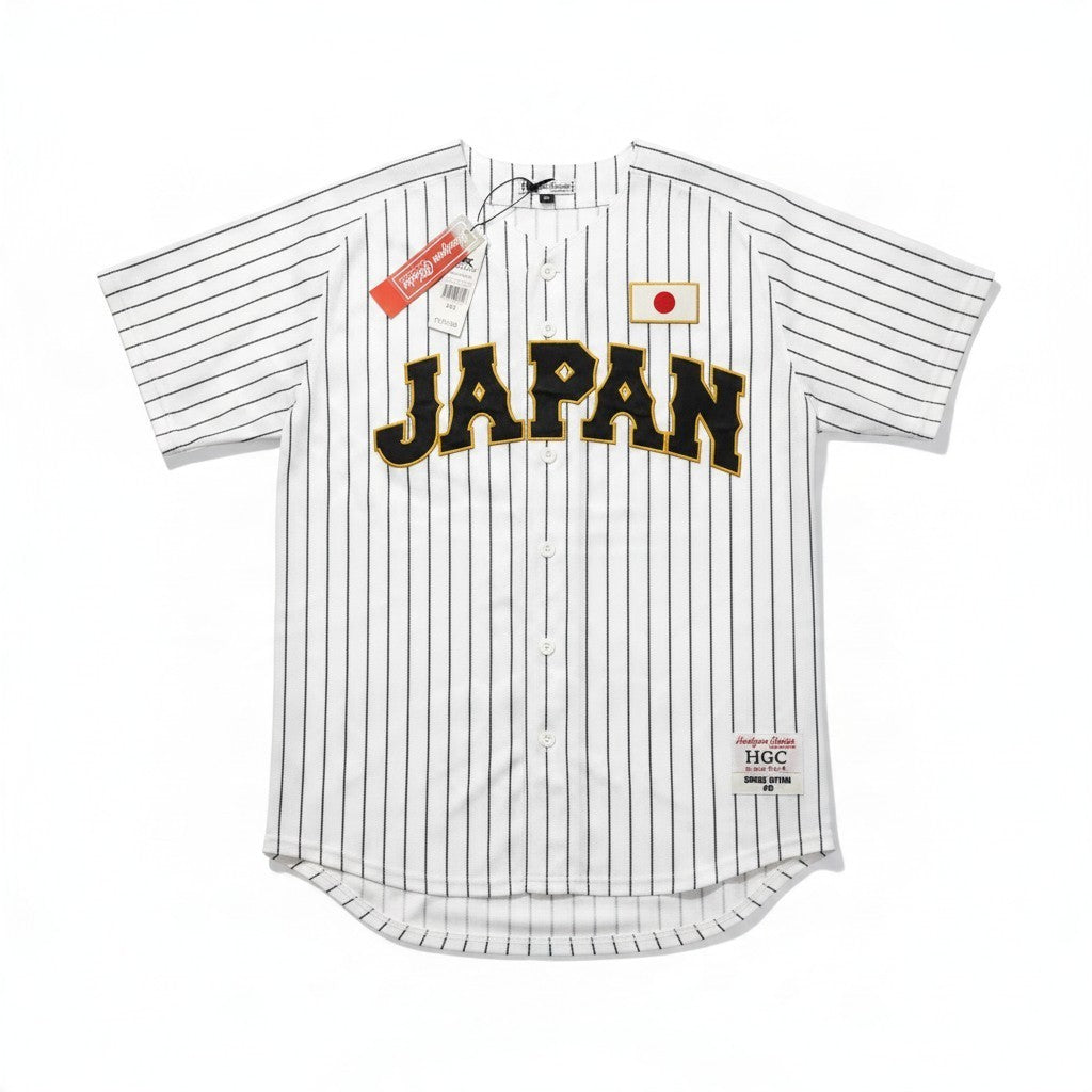 Throwback Rack Shohei Ohtani Japan national team baseball jersey in white with black pinstripes and button-up front
