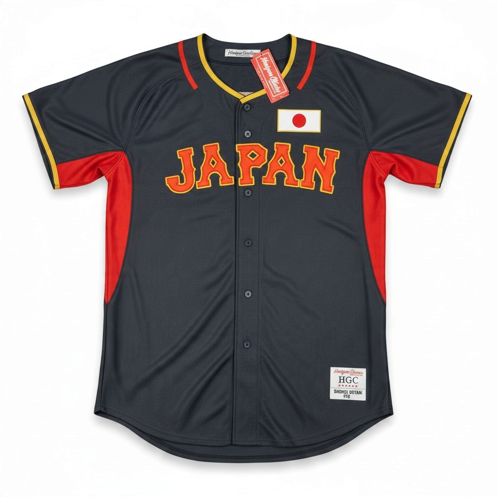 Throwback Rack charcoal Japan baseball jersey with red and yellow accents, Japan lettering, and flag patch.