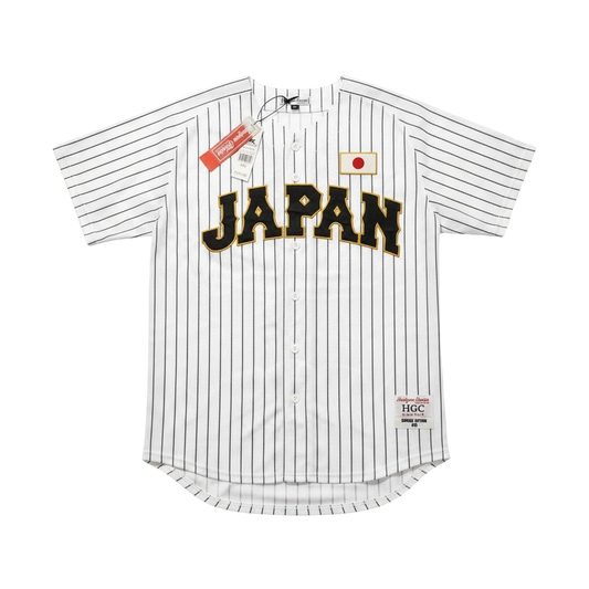 Throwback Rack Shohei Ohtani Japan national team baseball jersey in white with black pinstripes and button-up front