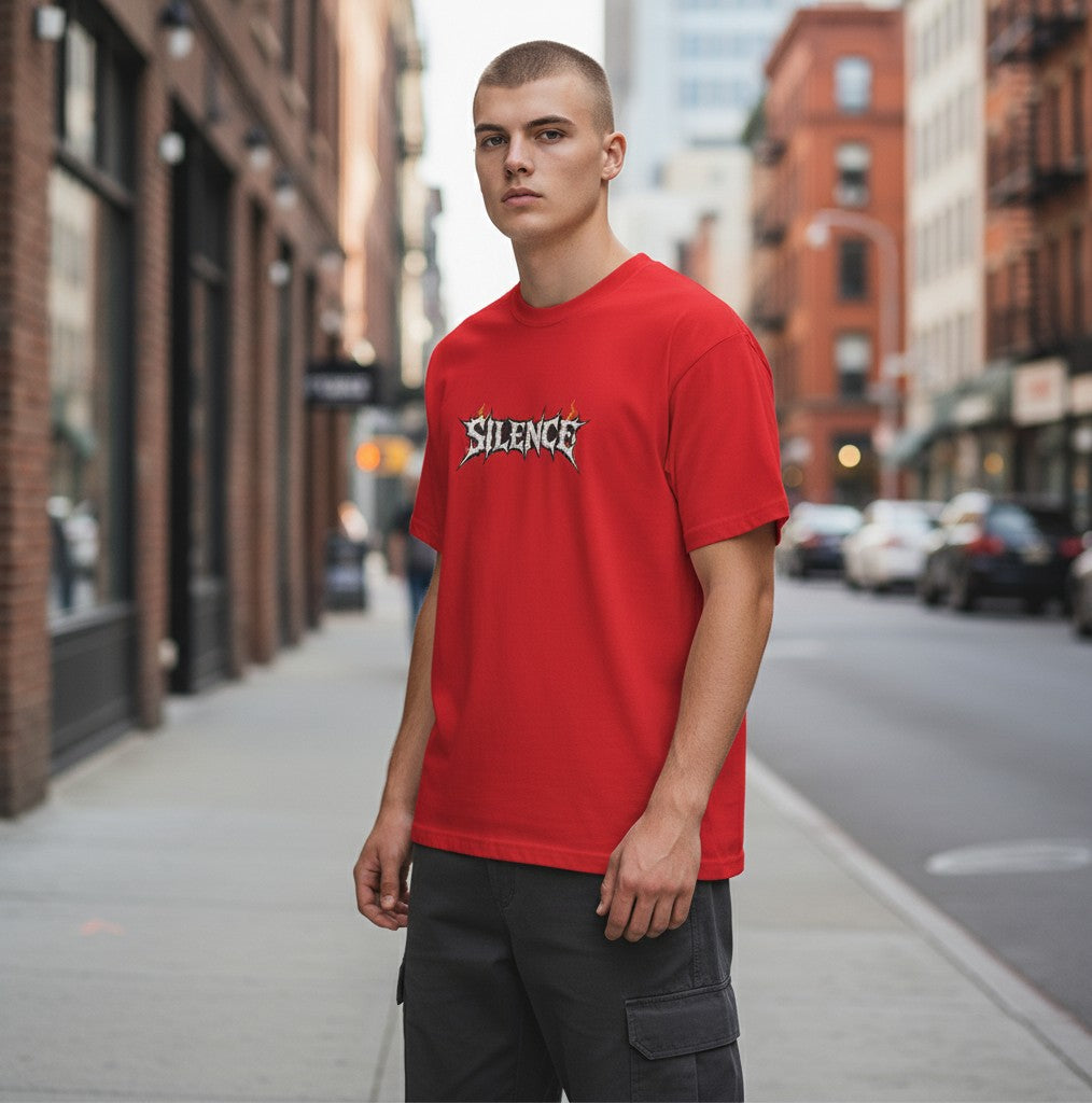 Throwback Rack red cotton t-shirt with a distressed 'SILENCE' graphic featuring flames.