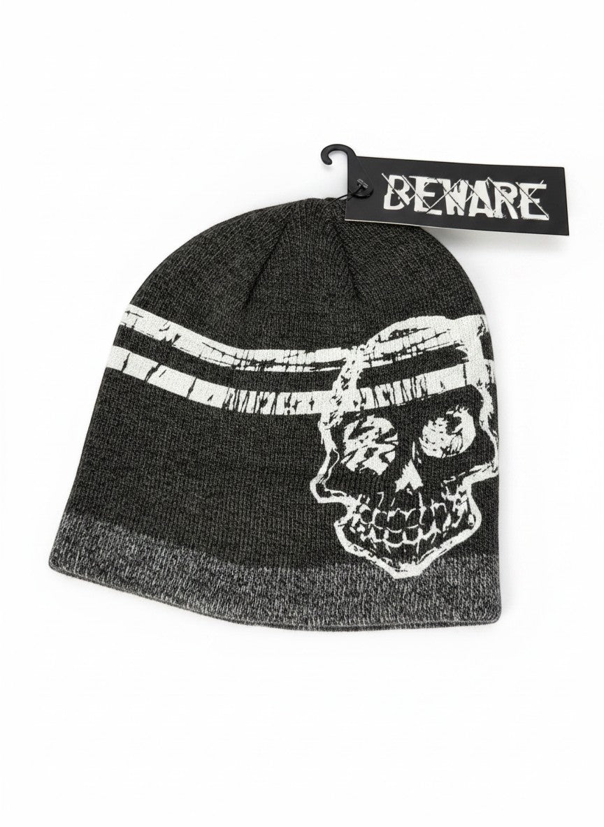 Throwback Rack gray knit beanie with white skull graphic and stripes, one size fits most.