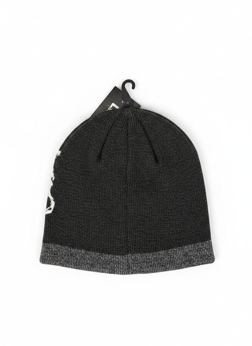 Throwback Rack gray and white knit beanie with a skull graphic. One size fits most.