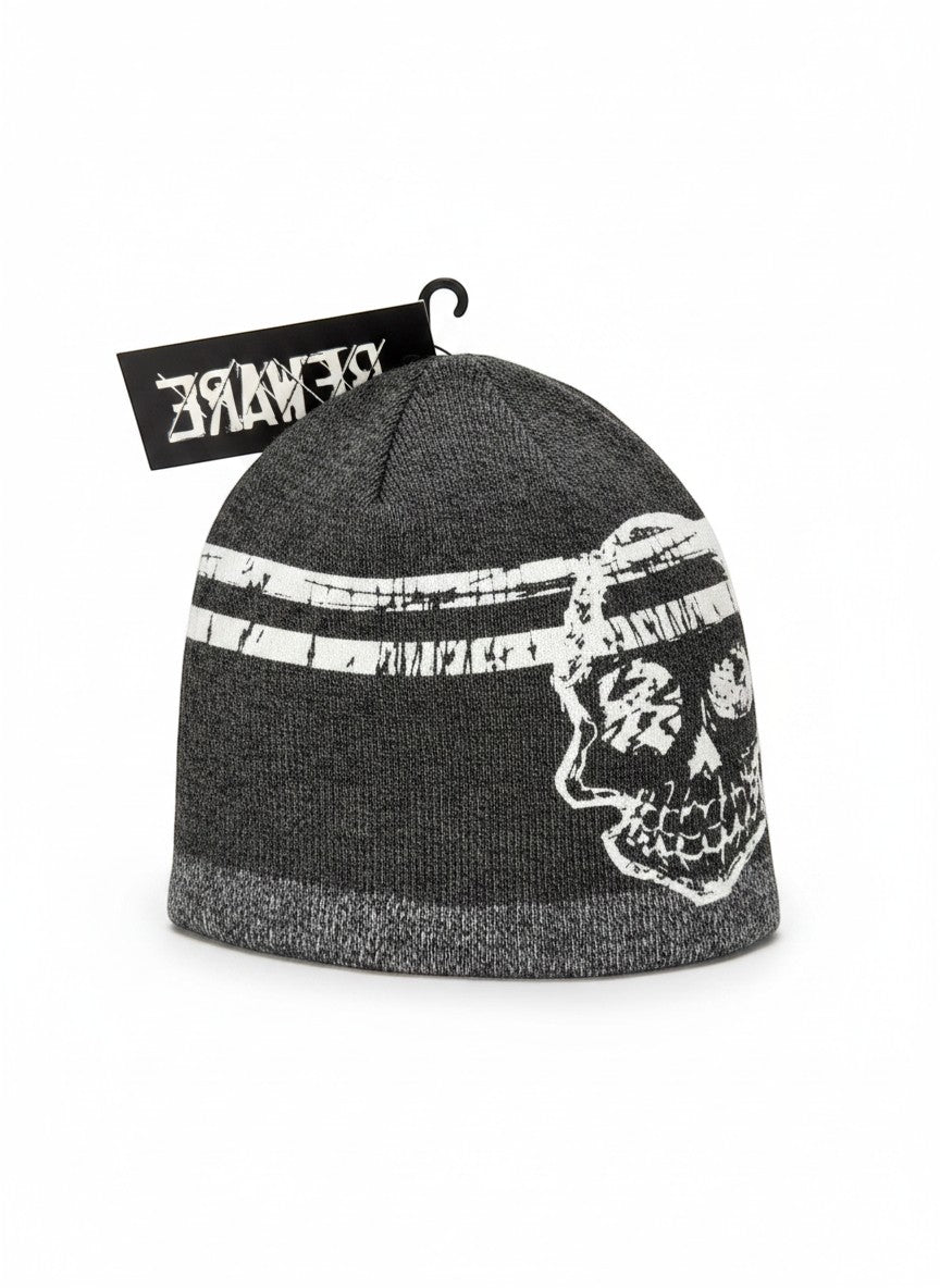 Throwback Rack gray and white knit beanie with a skull graphic and distressed stripes. One size fits most.