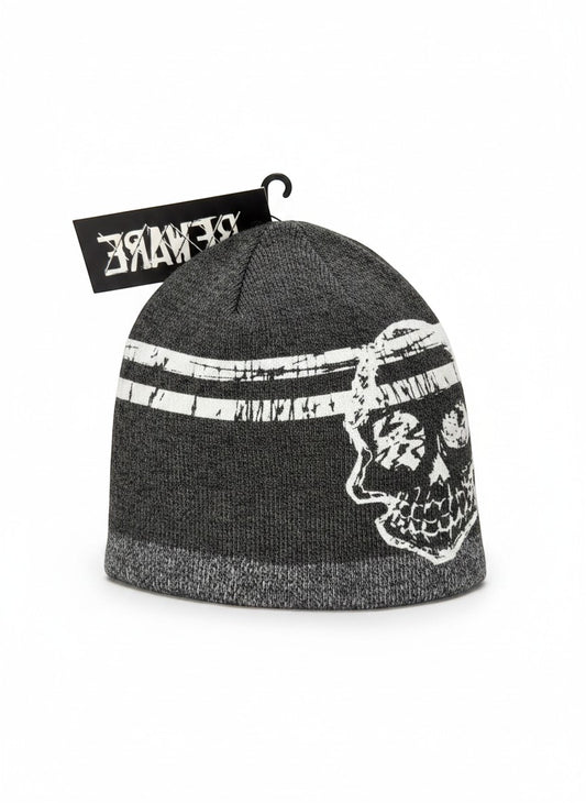 Throwback Rack gray and white knit beanie with a skull graphic and distressed stripes. One size fits most.