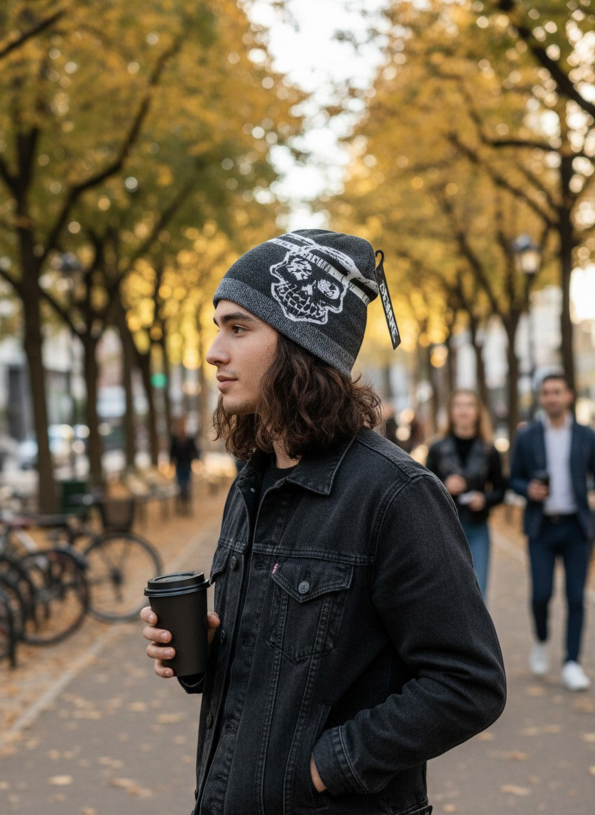 Throwback Rack gray and white knit beanie with a skull graphic and "Beware" tag. One size fits most.