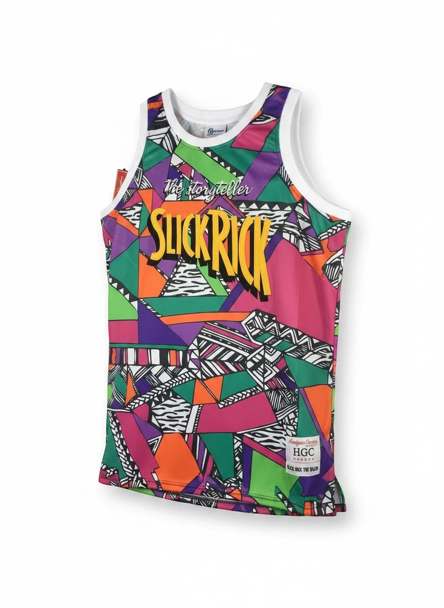 Throwback Rack Slick Rick The Storyteller basketball jersey with a vibrant 90s geometric print and white trim.