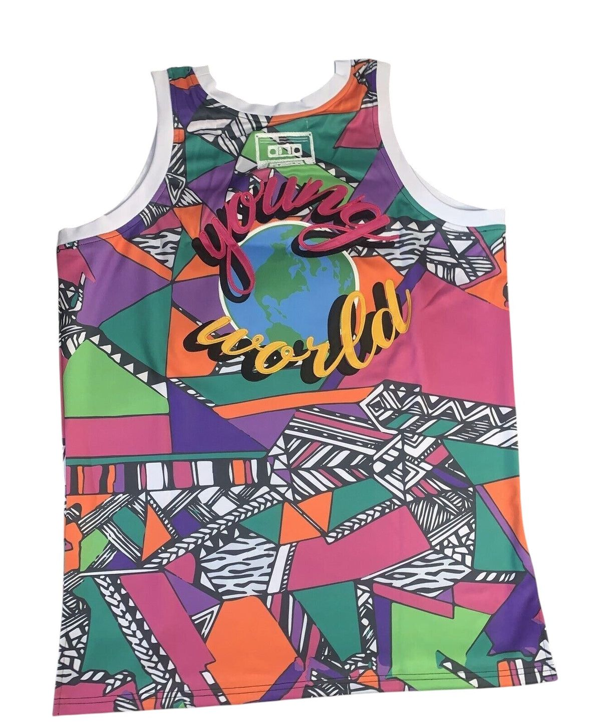 Throwback Rack Slick Rick The Storyteller basketball jersey with a vibrant 90s geometric print and Young World graphic.
