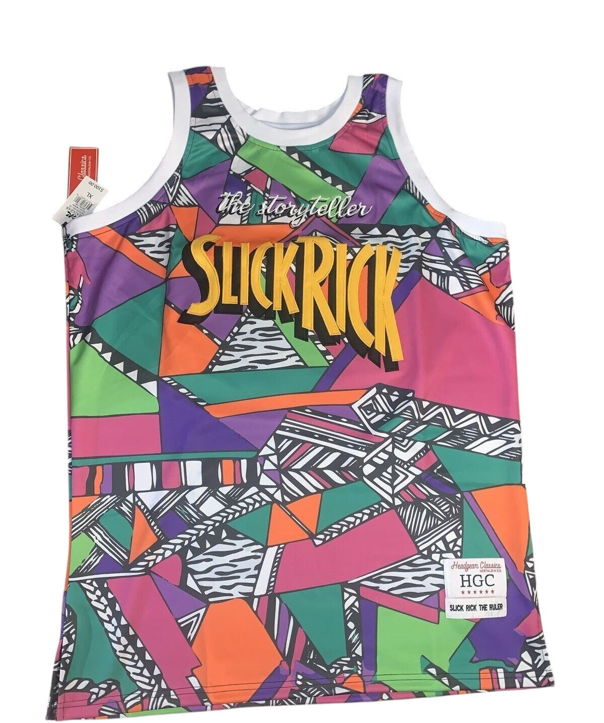 Throwback Rack Slick Rick The Storyteller basketball jersey with vibrant 90s geometric print and white trim