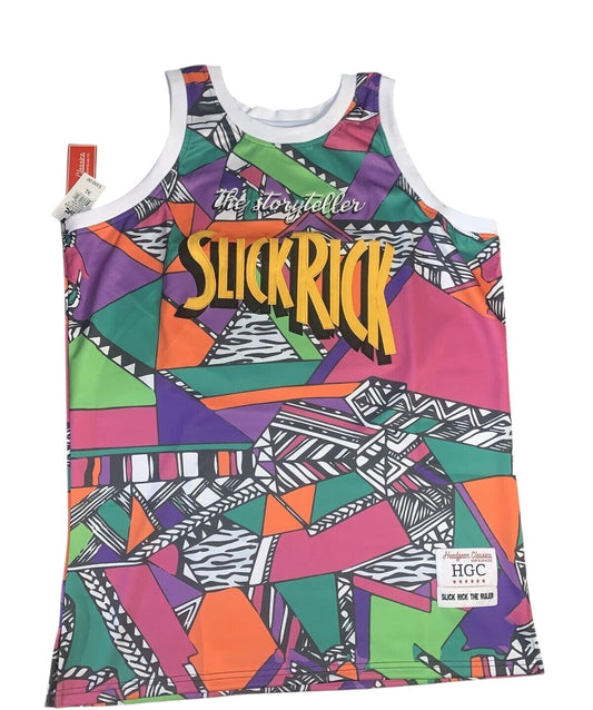 Throwback Rack Slick Rick The Storyteller basketball jersey with vibrant 90s geometric print and white trim