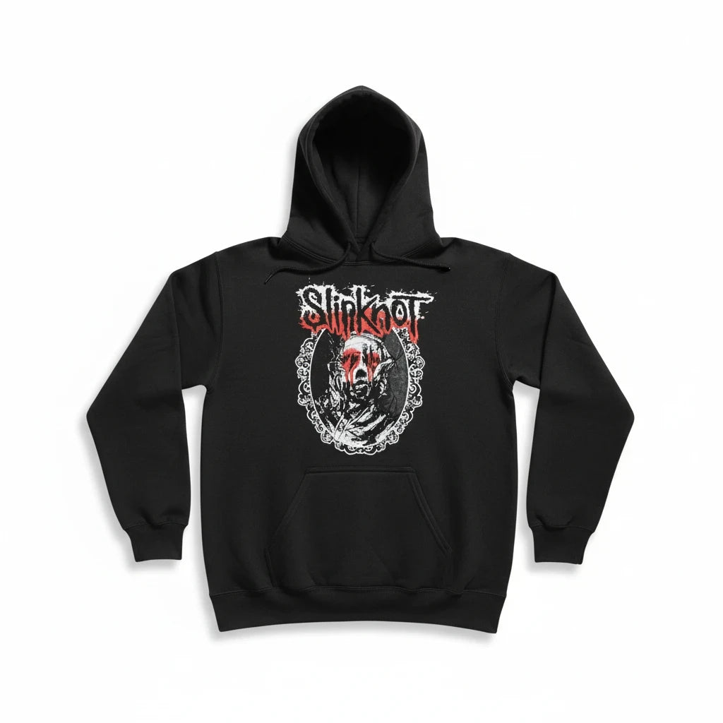 Throwback Rack black Slipknot 2021 pullover hoodie with graphic print of a masked figure and logo on front