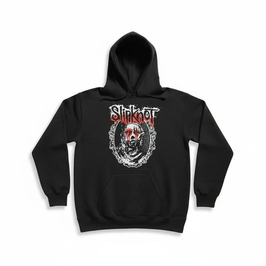 Throwback Rack black Slipknot 2021 pullover hoodie with graphic print of a masked figure and logo on front