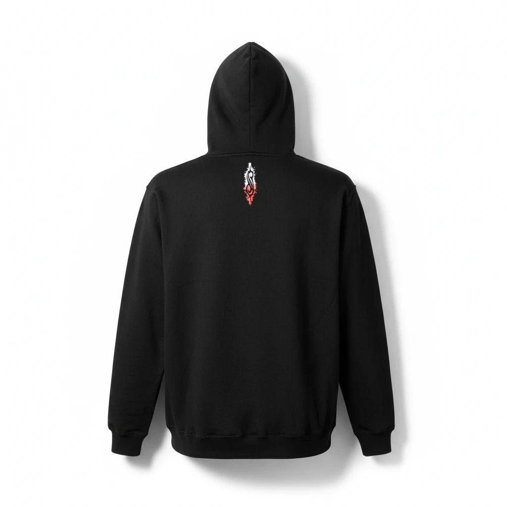 Back view of a black Throwback Rack Slipknot 2021 pullover hoodie featuring a small vertical logo on the upper back.