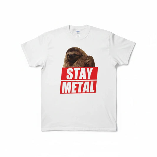 Throwback Rack white cotton crewneck t-shirt featuring a sloth graphic and Stay Metal slogan in a red box